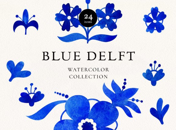 Download Blue Delft Watercolor Floral Elements - Blue Collection