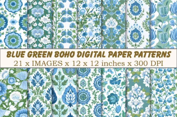 Download Boho Digital Paper Patterns Blue Green - Blue Collection