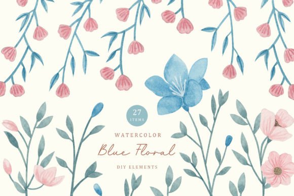 Download Watercolor Blue Floral Elements - Blue Collection
